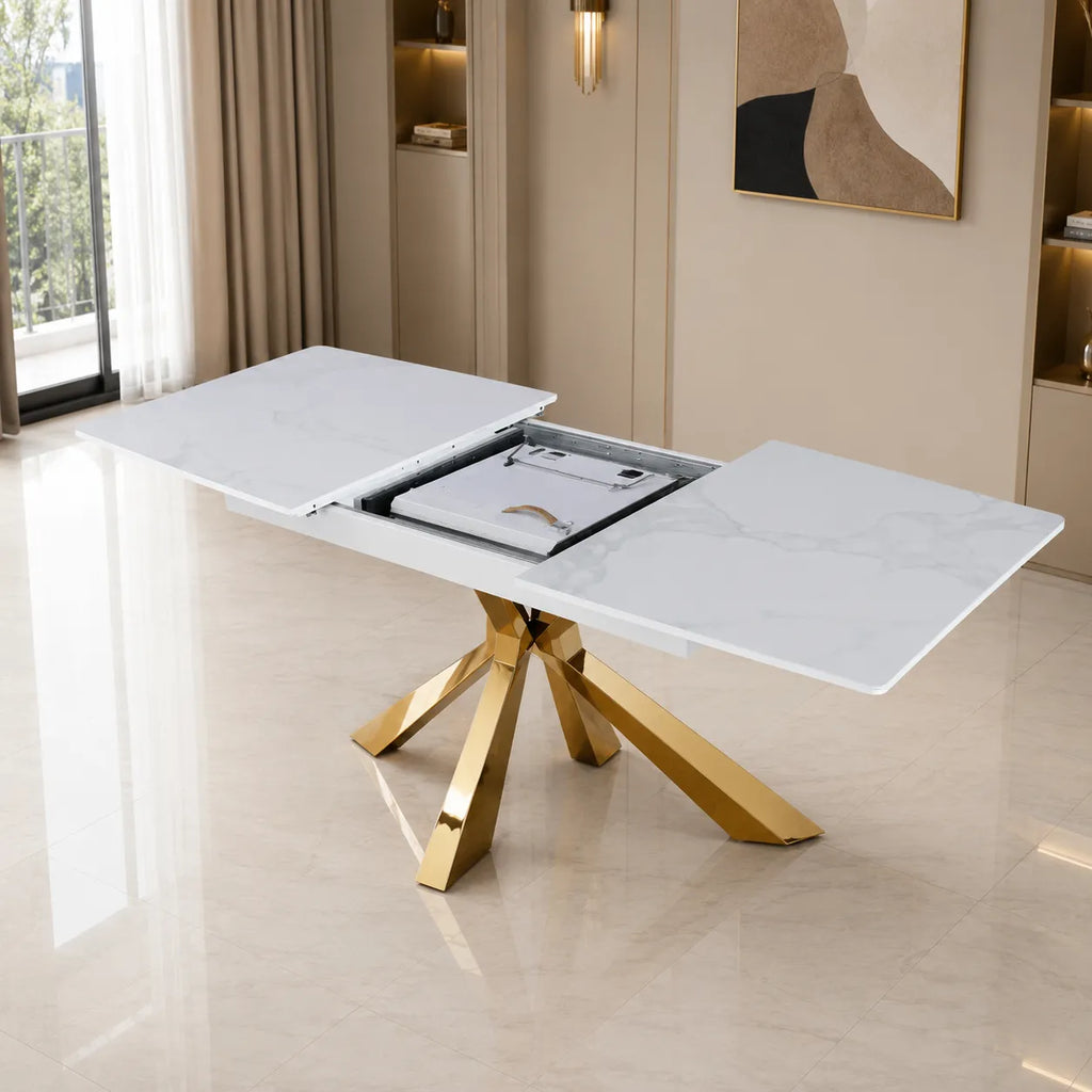 Table Extensible Bianca Marbre Blanc Pieds Dore