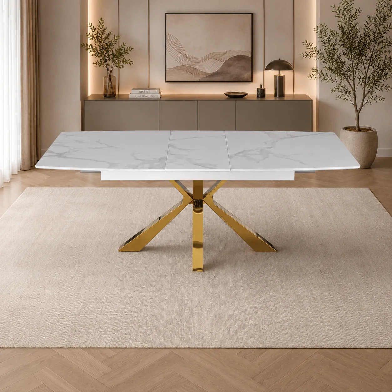 Table Extensible Bianca Marbre Blanc Pieds Dore
