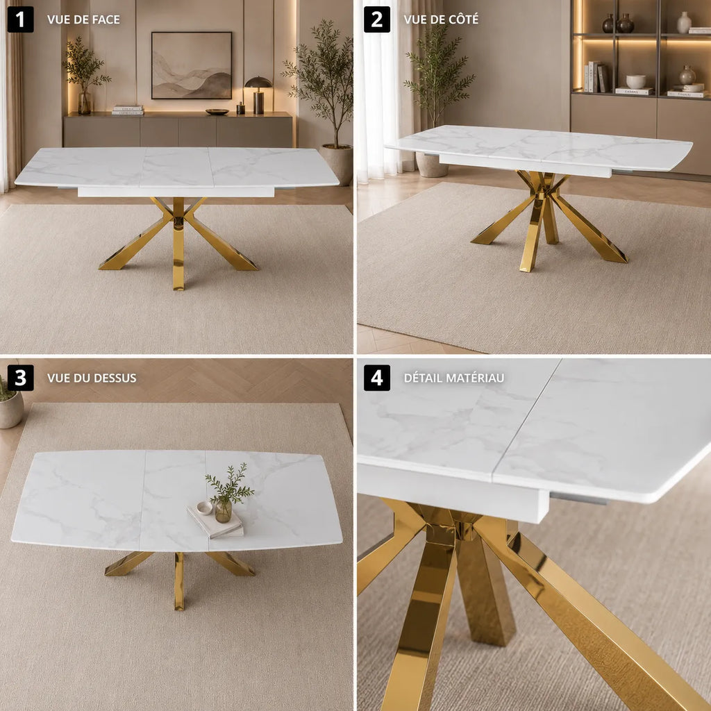 Table Extensible Bianca Marbre Blanc Pieds Dore