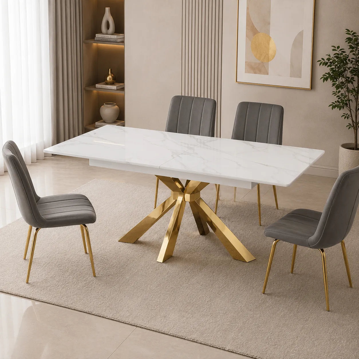 Table Extensible Bianca Marbre Blanc Pieds Dore