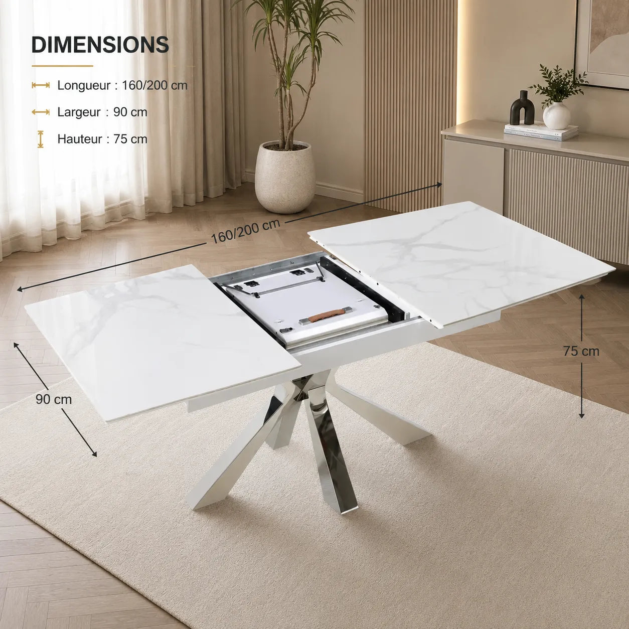 Table Extensible Bianca Pieds Chrome