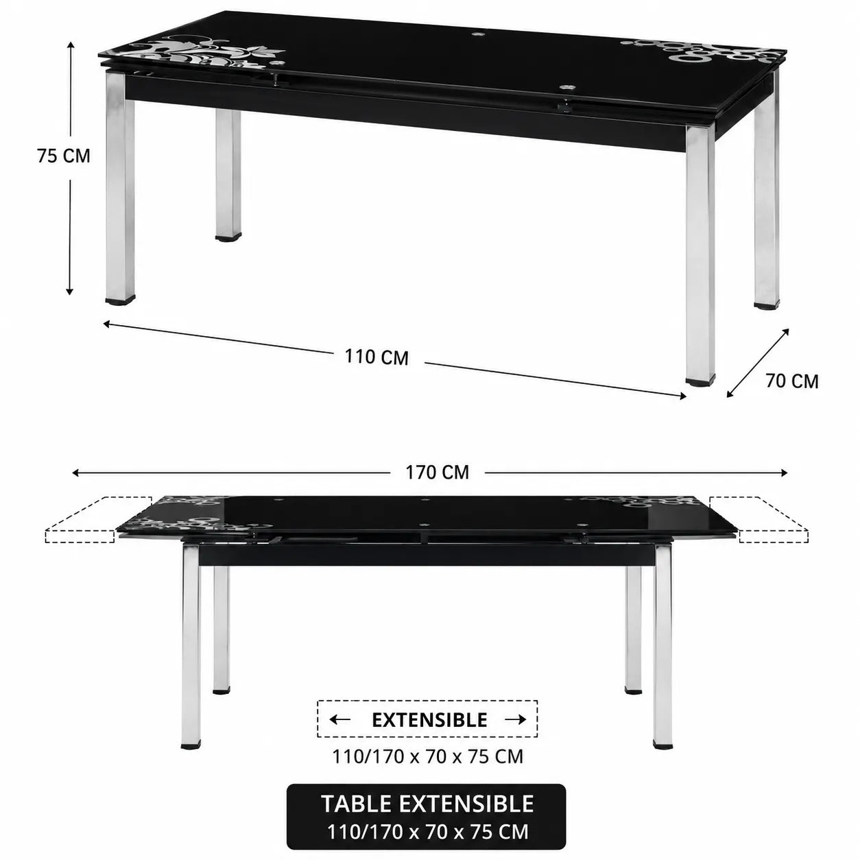 Table Extensible Lotus Noir Pied Chrome 110/170x70x75 CM