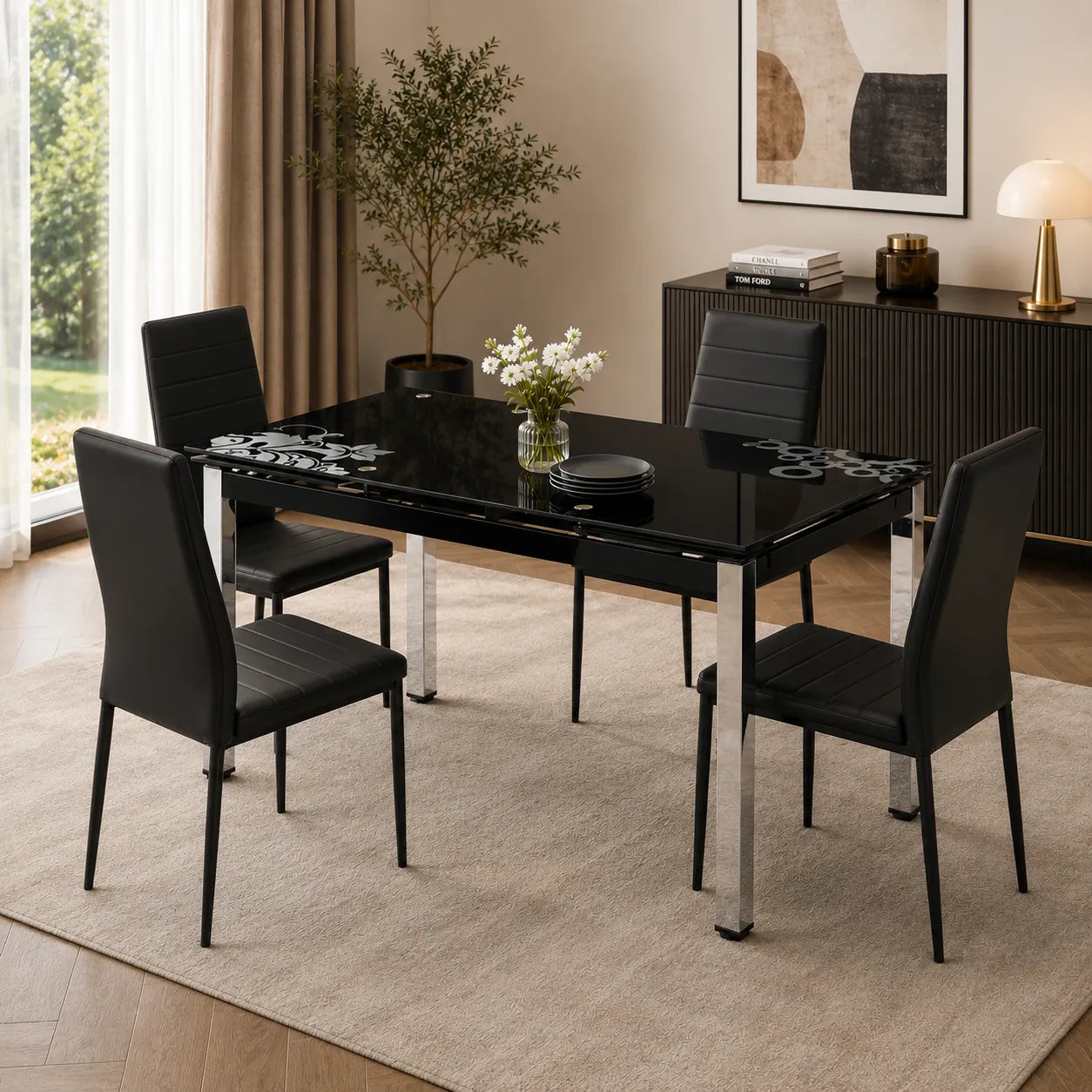 Table Extensible Lotus Noir Pied Chrome 110/170x70x75 CM