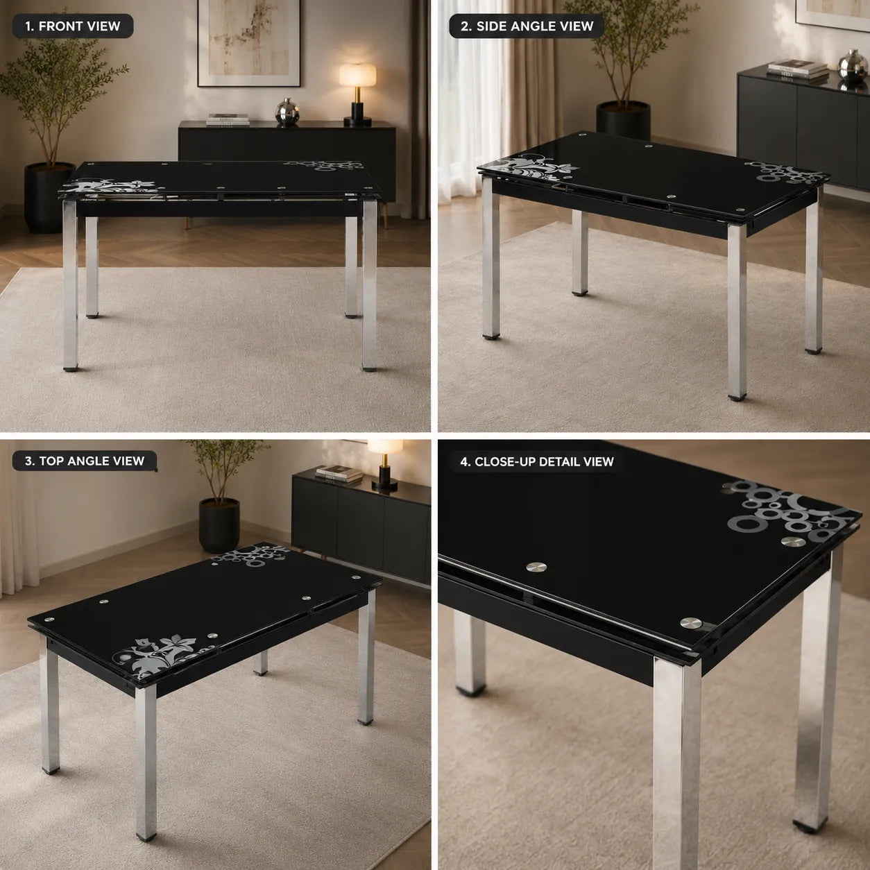 Table Extensible Lotus Noir Pied Chrome 110/170x70x75 CM