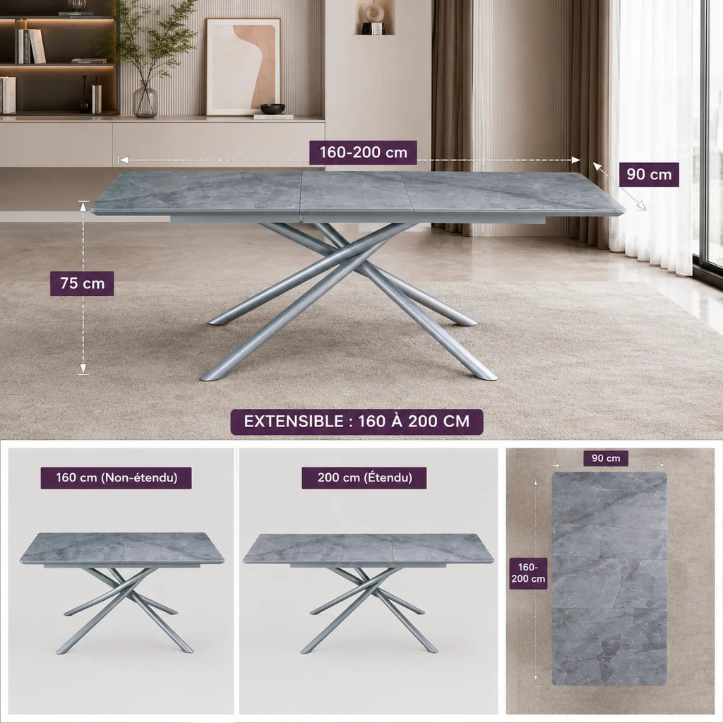 Table Extensible Zephir Marbre Gris et Pieds Metal Gris