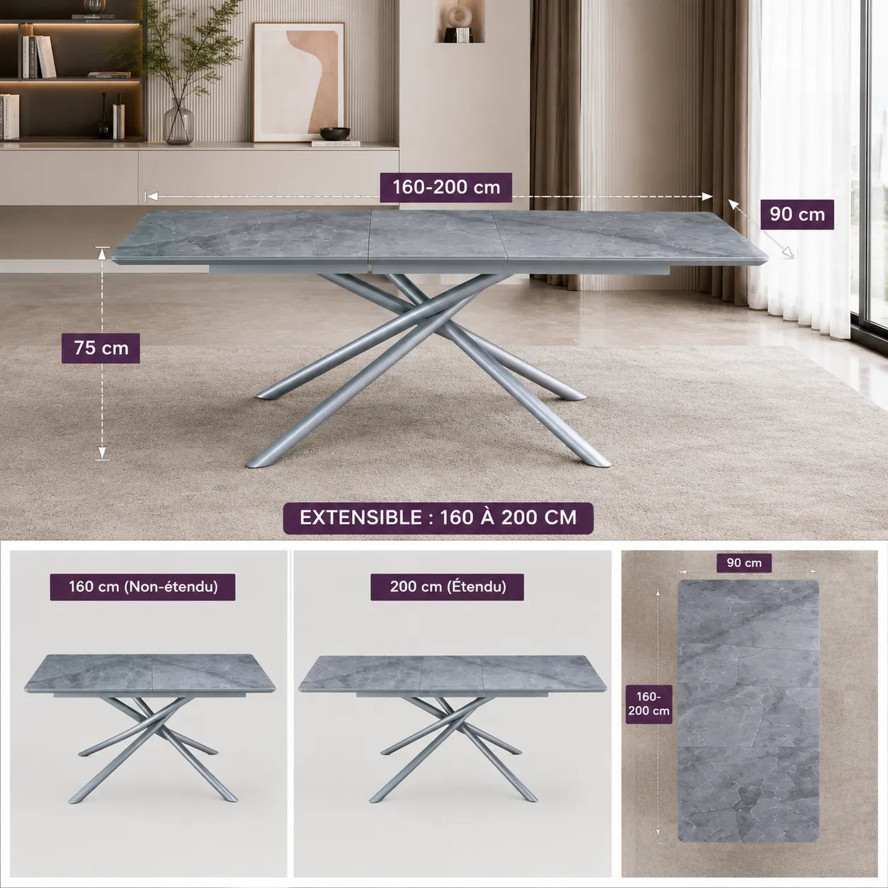 Table Extensible Zephir Marbre Gris et Pieds Metal Gris