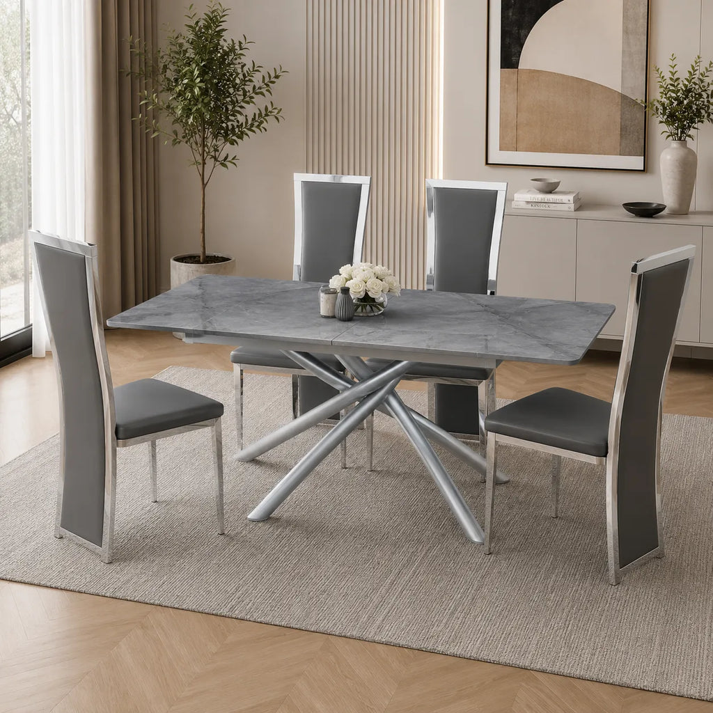 Table Extensible Zephir Marbre Gris et Pieds Metal Gris
