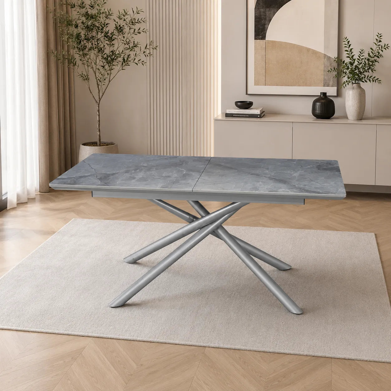 Table Extensible Zephir Marbre Gris et Pieds Metal Gris