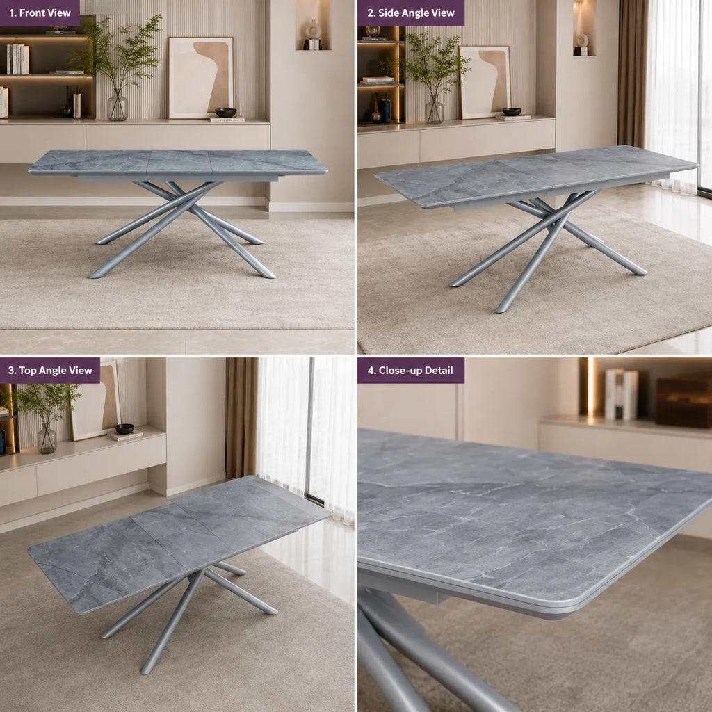 Table Extensible Zephir Marbre Gris et Pieds Metal Gris