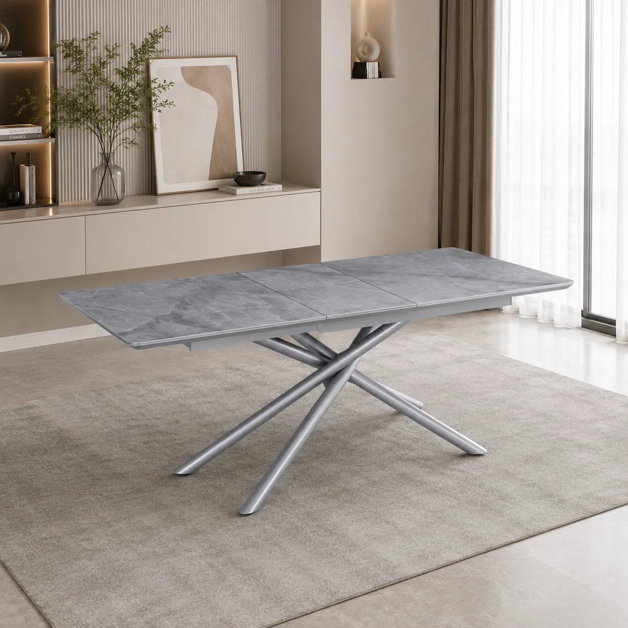 Table Extensible Zephir Marbre Gris et Pieds Metal Gris