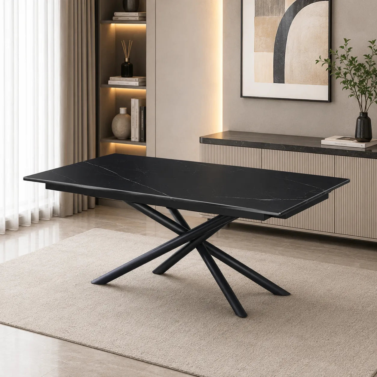 Table Extensible Zephir Marbre Noir et Pieds Metal Noir