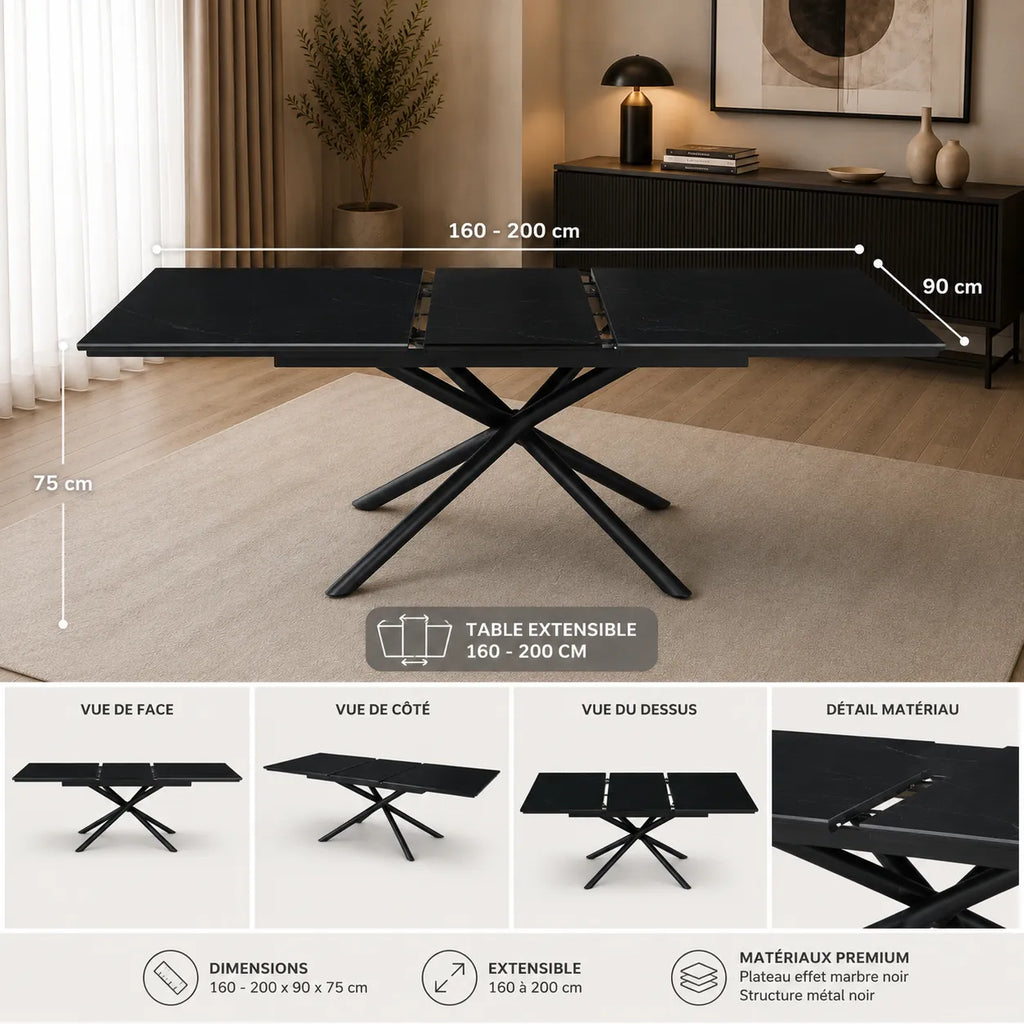 Table Extensible Zephir Marbre Noir et Pieds Metal Noir