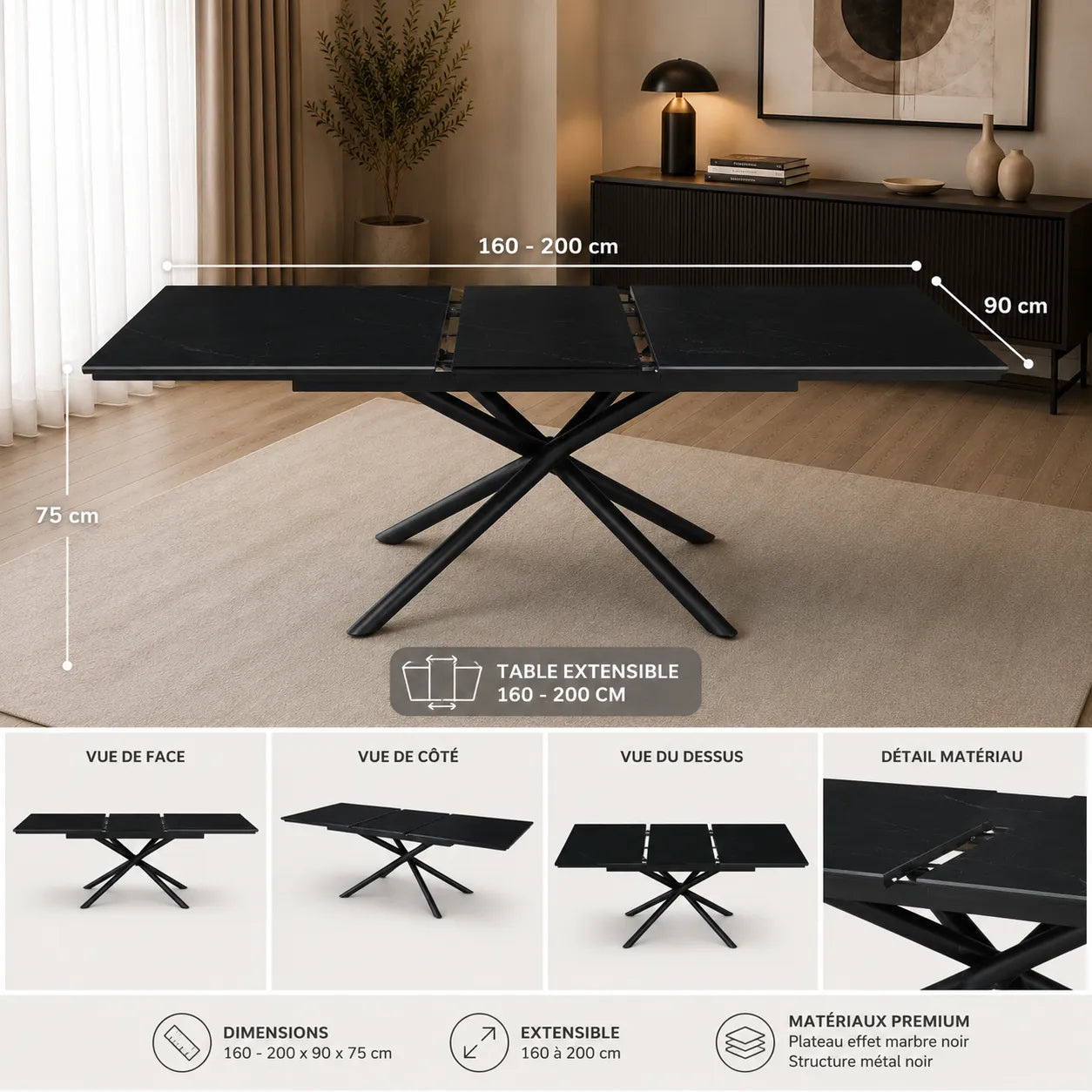 Table Extensible Zephir Marbre Noir et Pieds Metal Noir