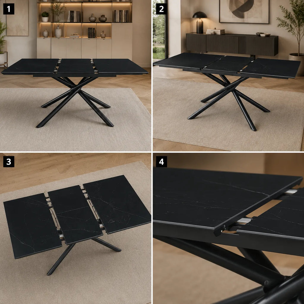 Table Extensible Zephir Marbre Noir et Pieds Metal Noir