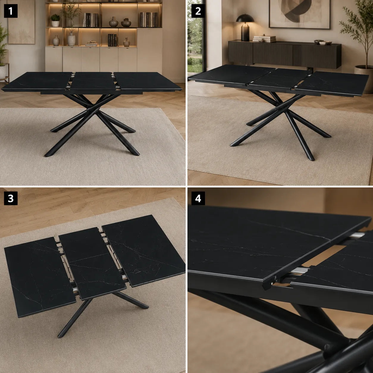 Table Extensible Zephir Marbre Noir et Pieds Metal Noir