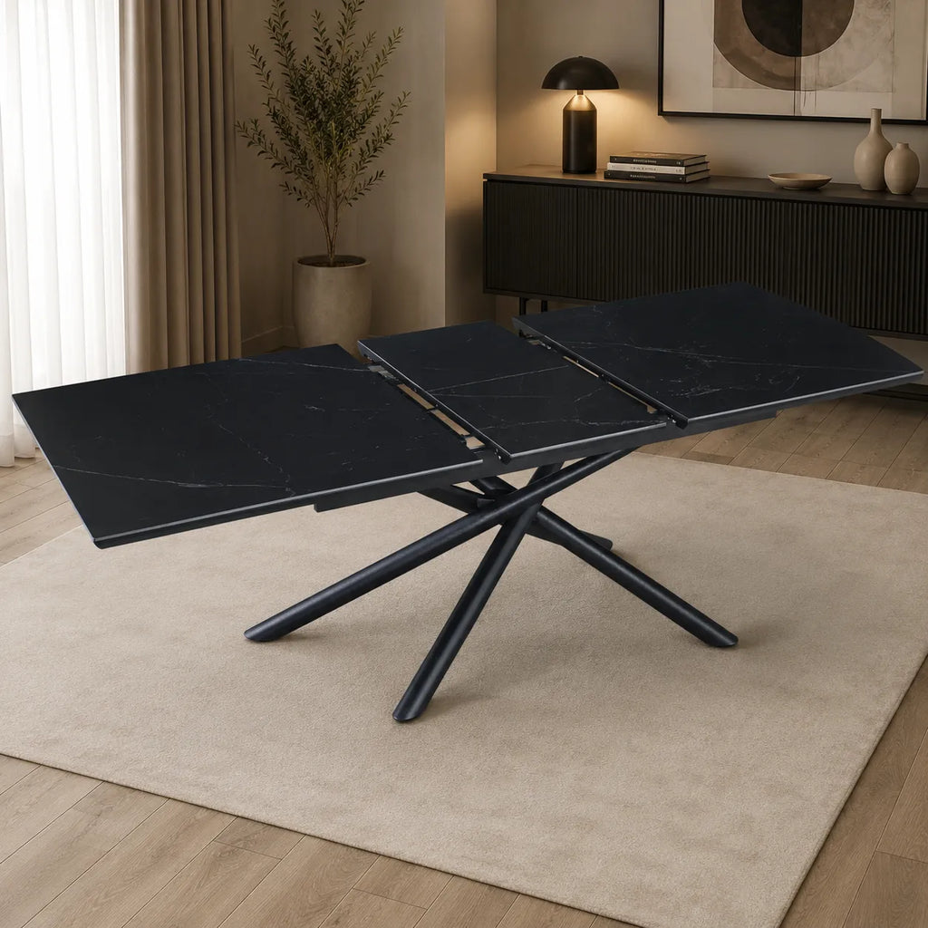 Table Extensible Zephir Marbre Noir et Pieds Metal Noir