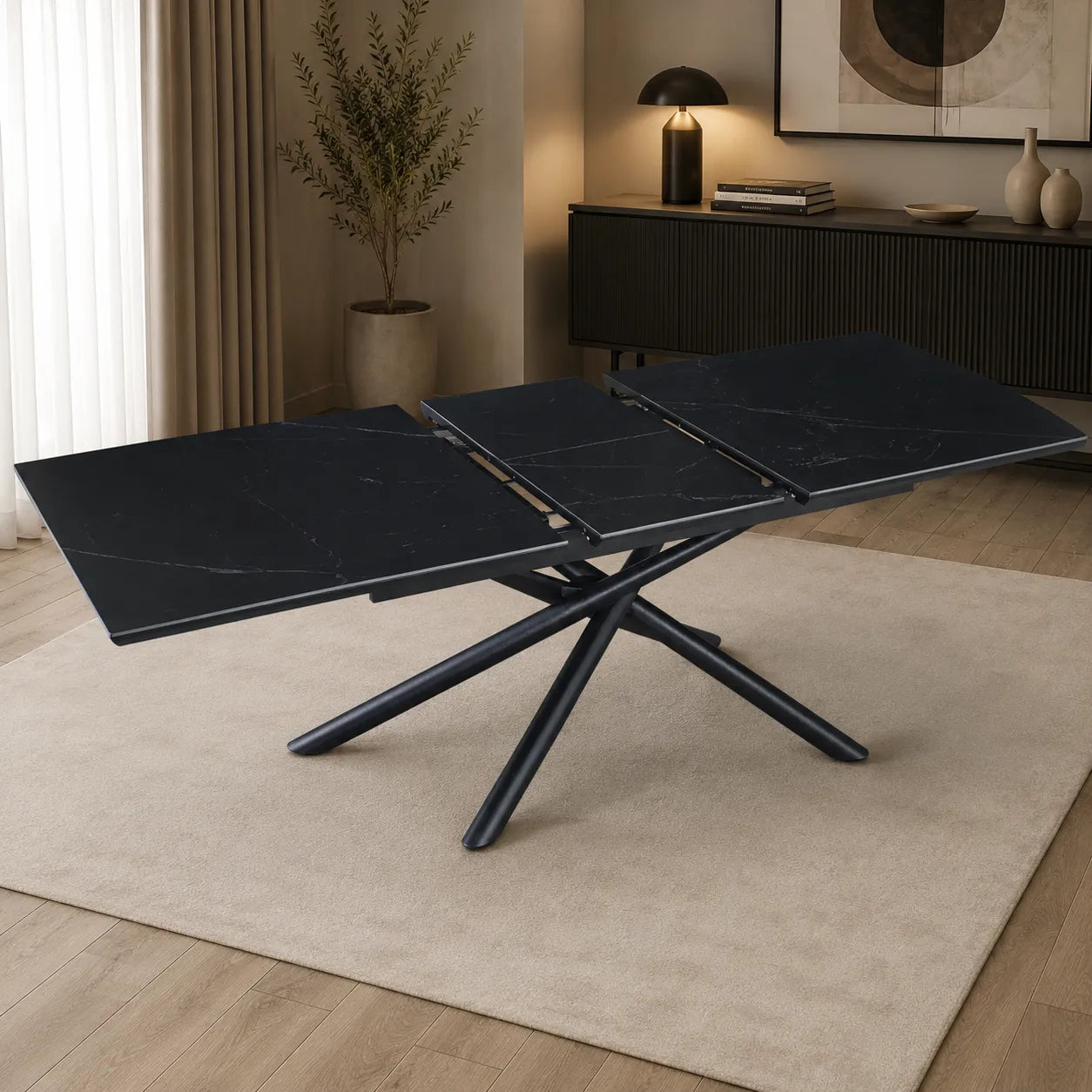 Table Extensible Zephir Marbre Noir et Pieds Metal Noir