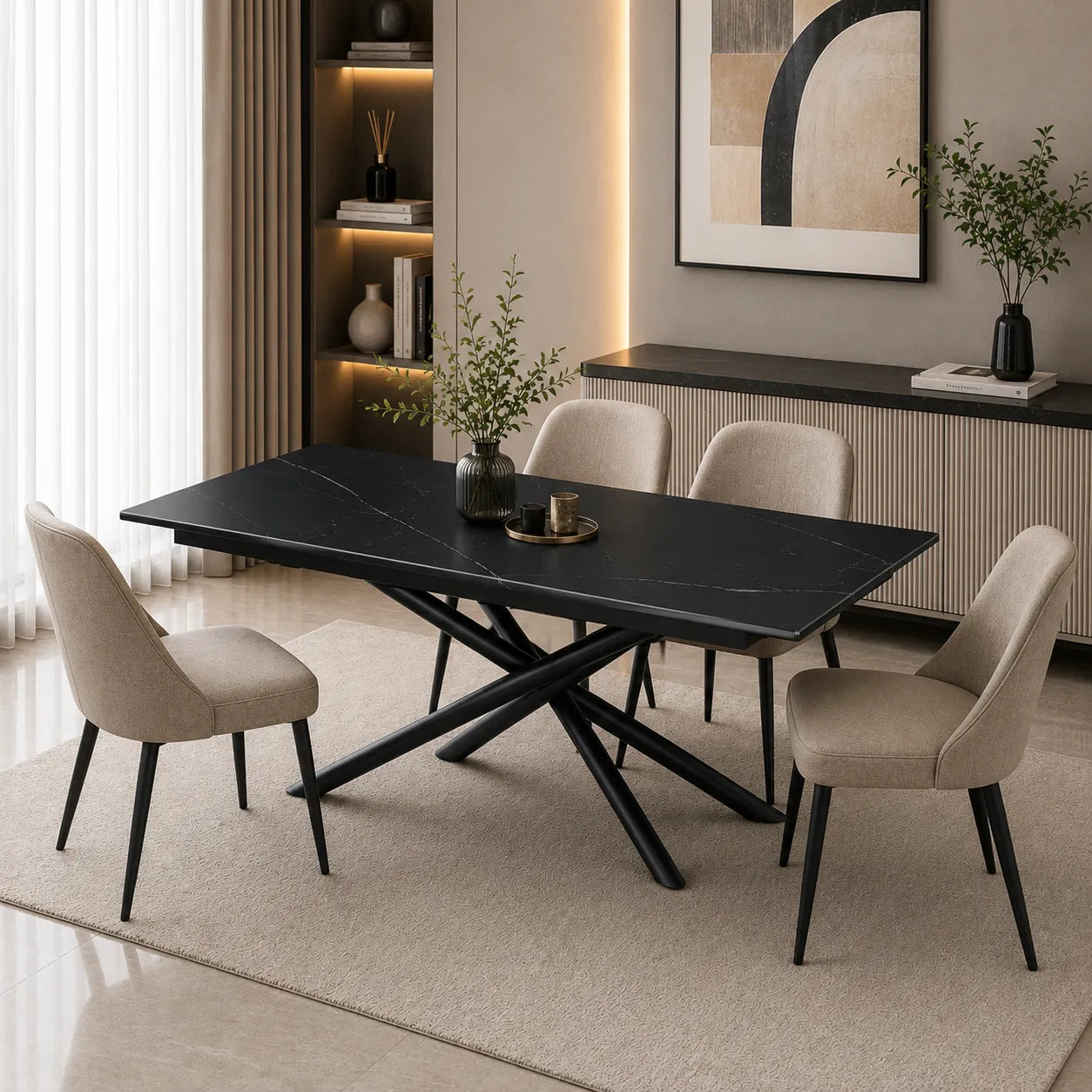 Table Extensible Zephir Marbre Noir et Pieds Metal Noir
