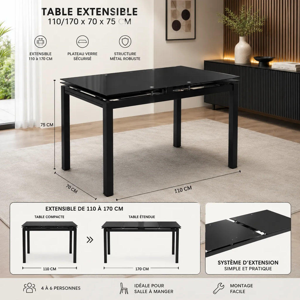 Table Extensible bora noir pied noir 110/170x70x75 CM