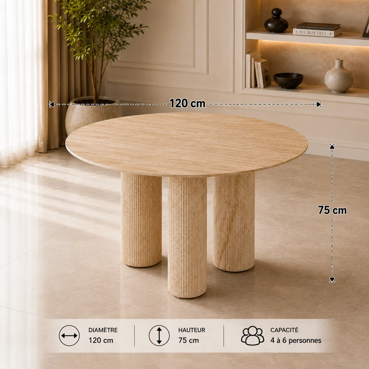Table REPAS ANAIS PIEDS METAL TRAVERTIN  120 CM
