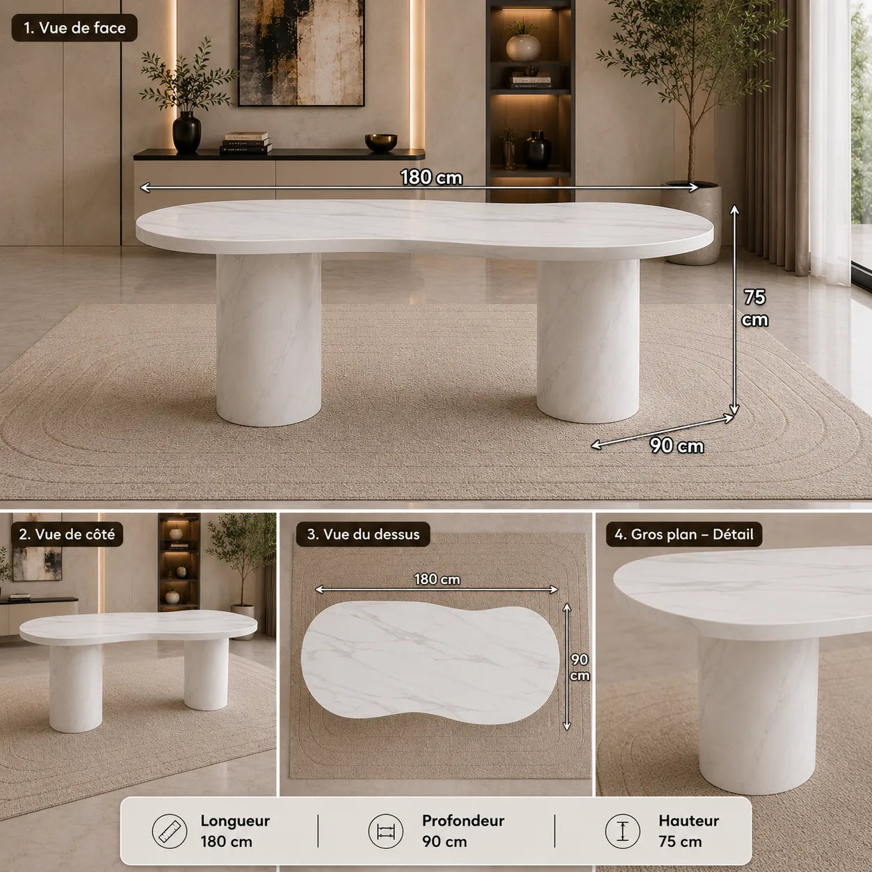 Table REPAS CURVE BLANC 180X90