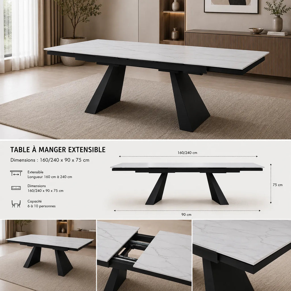 Table Rallonge Gulliver 160/240 CM Metal Noir Marbre Blanc