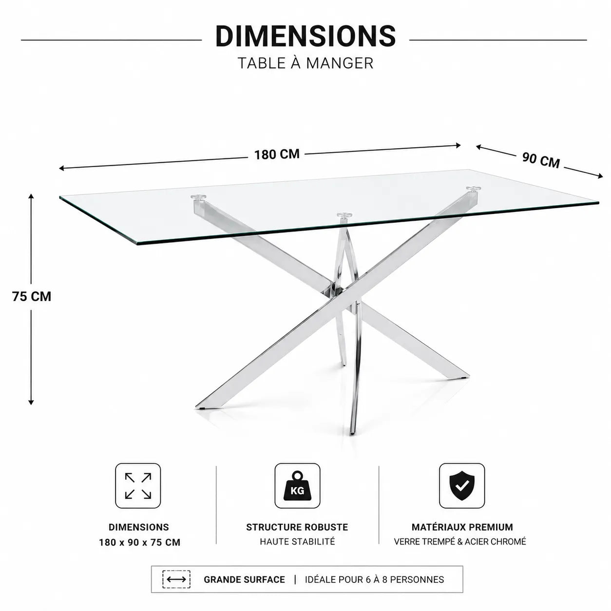 Table Rectangulaire Jessica Pieds Chrome 180x90x75 CM