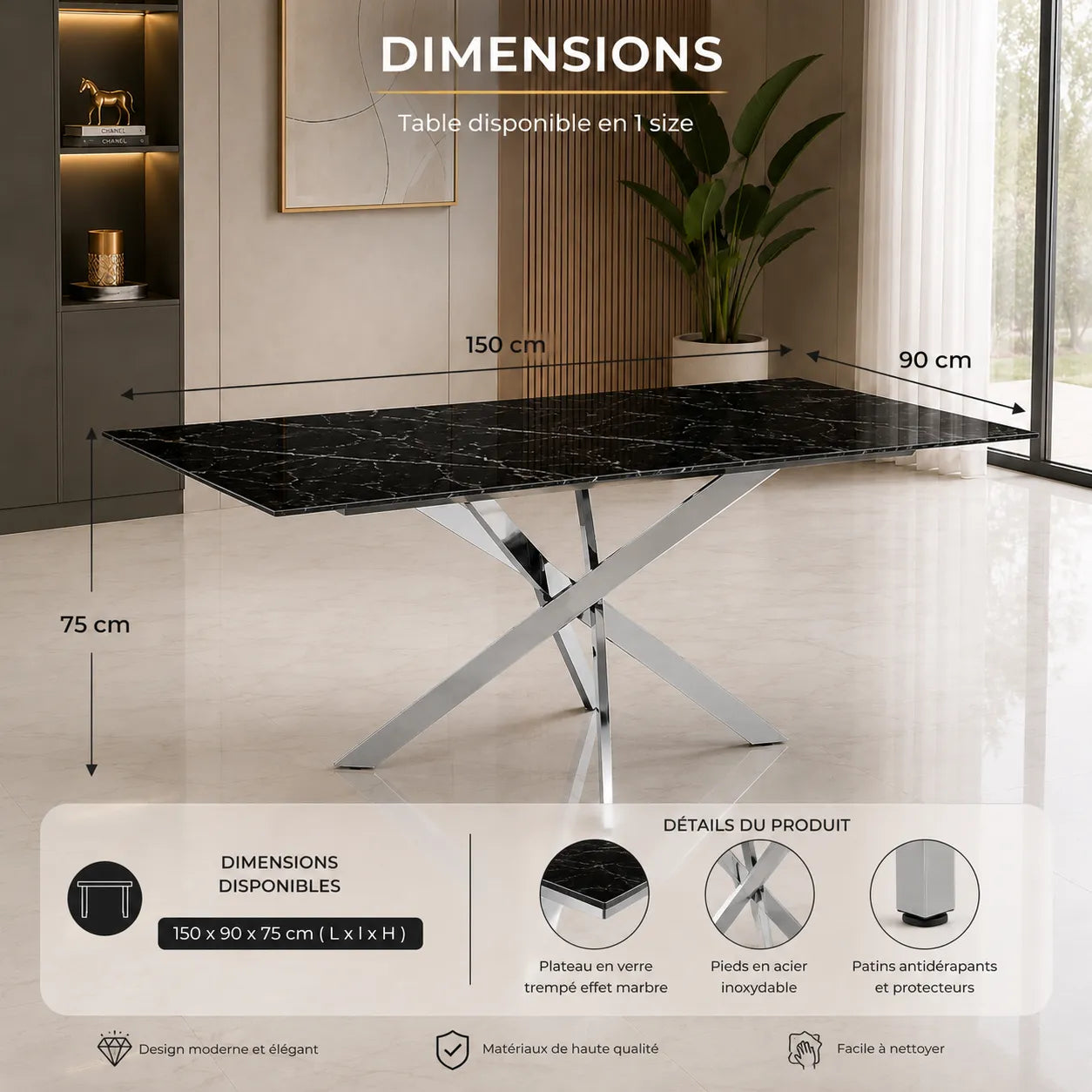 Table Rectangulaire New Jessica Chrome Marbre Noir
