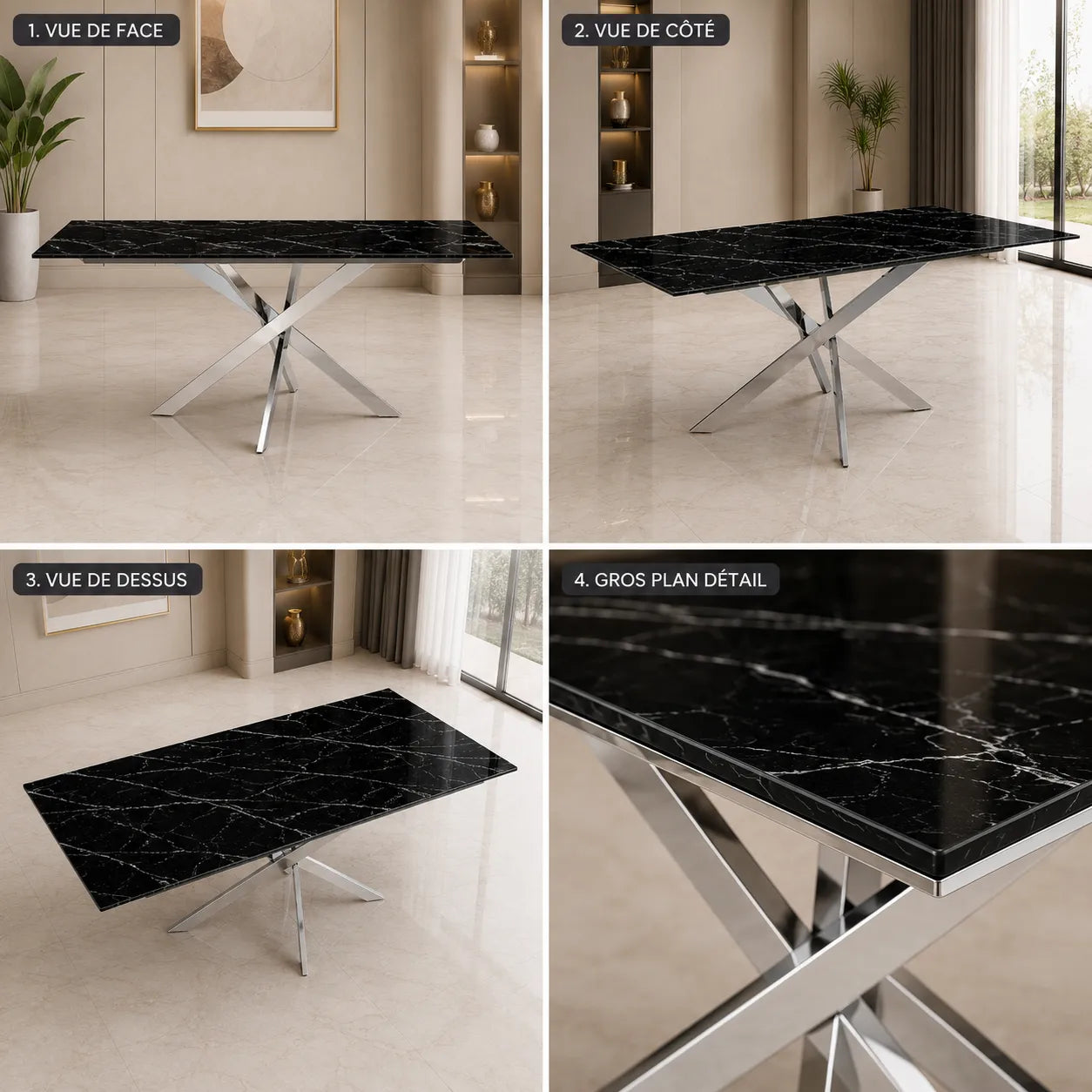 Table Rectangulaire New Jessica Chrome Marbre Noir