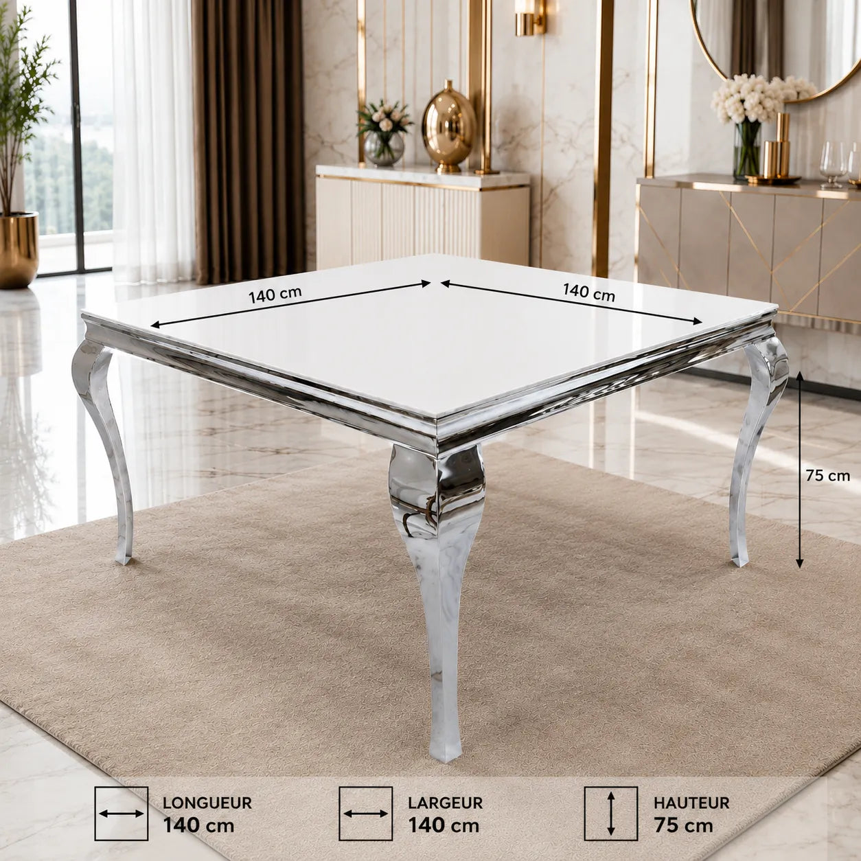 Table Repas Baroque Carree Chrome 140x140x75
