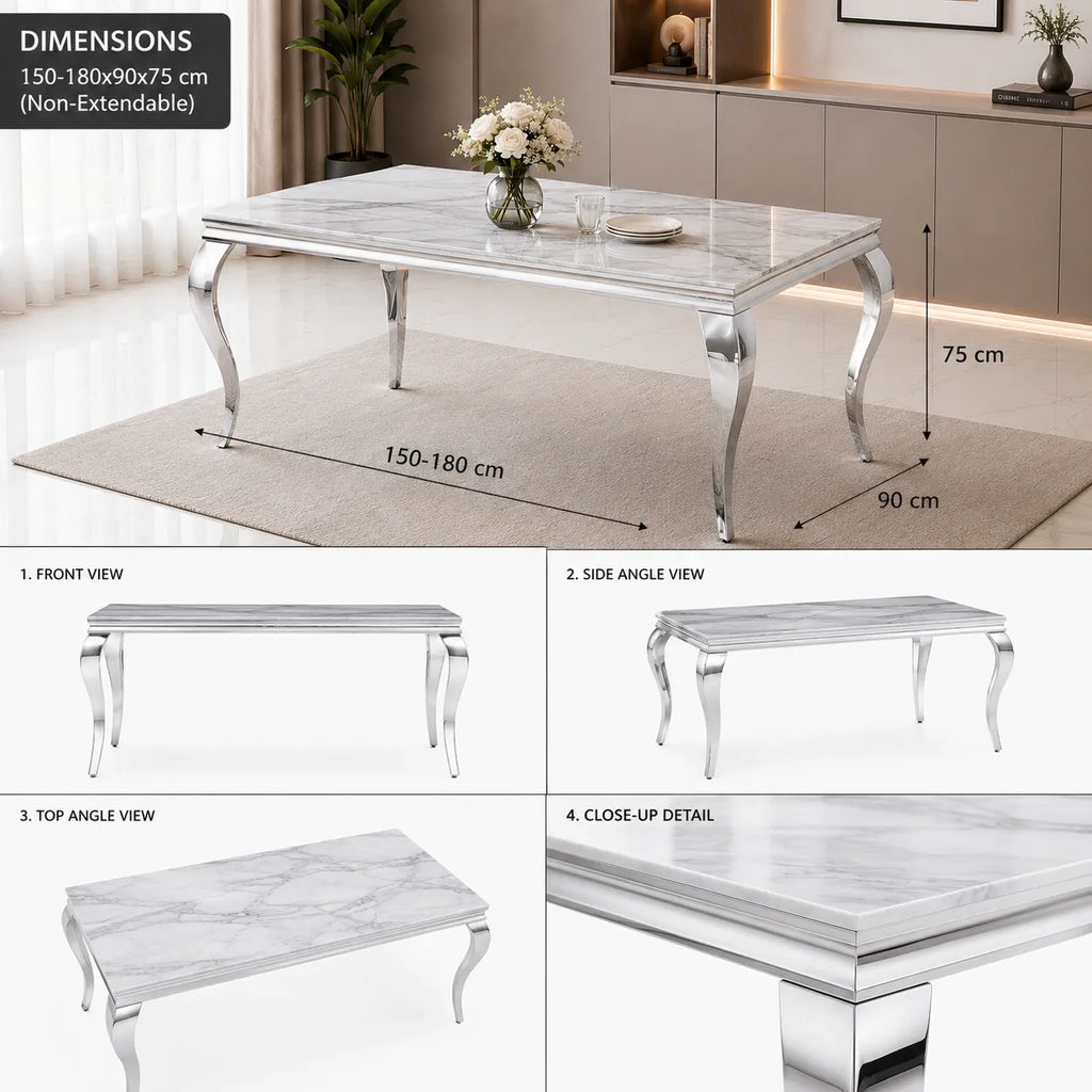 Table Repas Baroque Pieds Chrome Marbre Greige