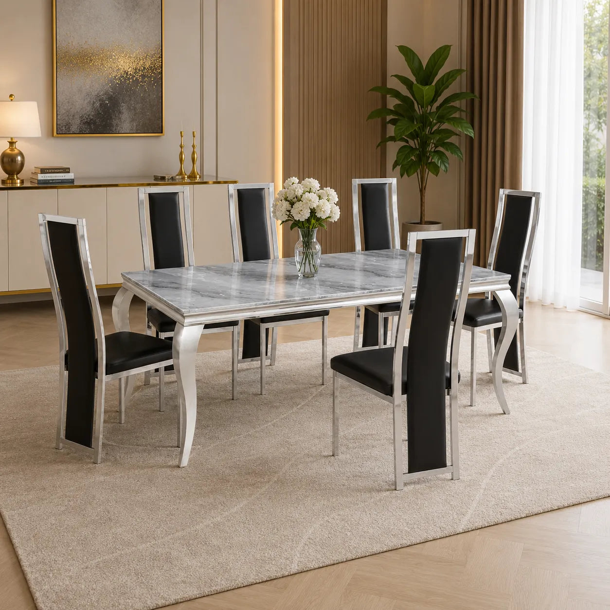 Table Repas Baroque Pieds Chrome Marbre Greige