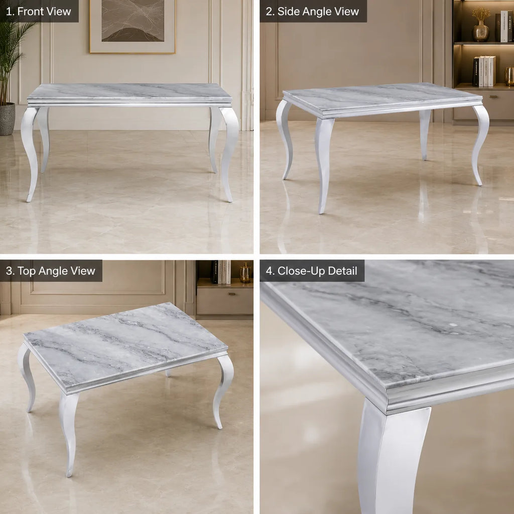 Table Repas Baroque Pieds Chrome Marbre Greige