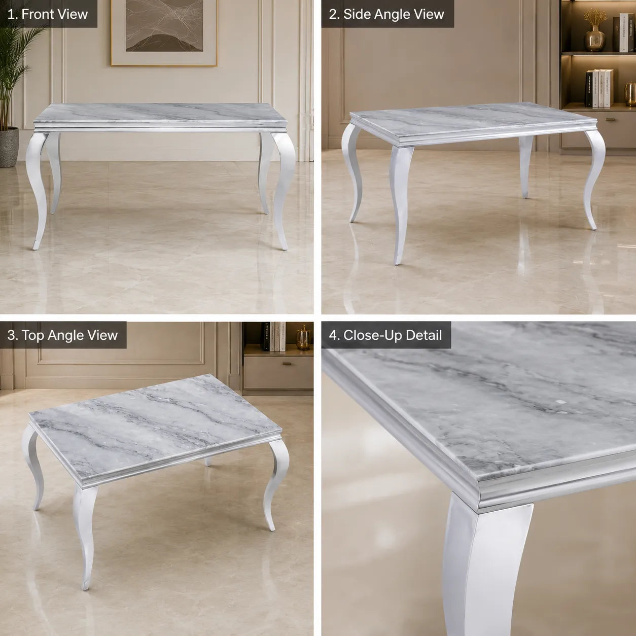 Table Repas Baroque Pieds Chrome Marbre Greige
