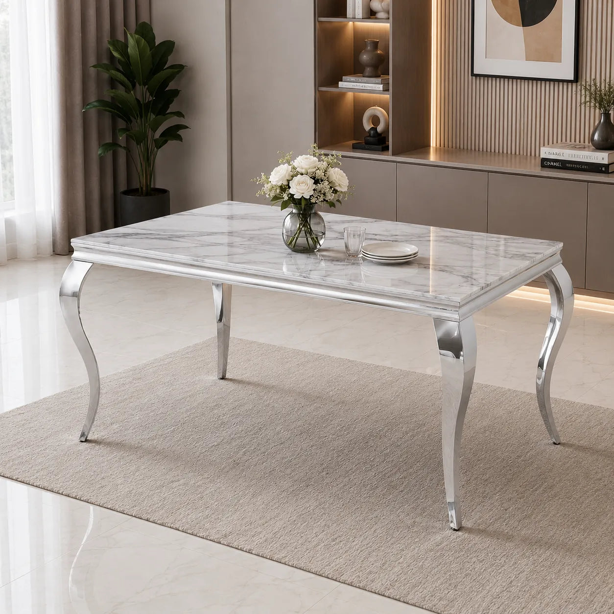 Table Repas Baroque Pieds Chrome Marbre Greige