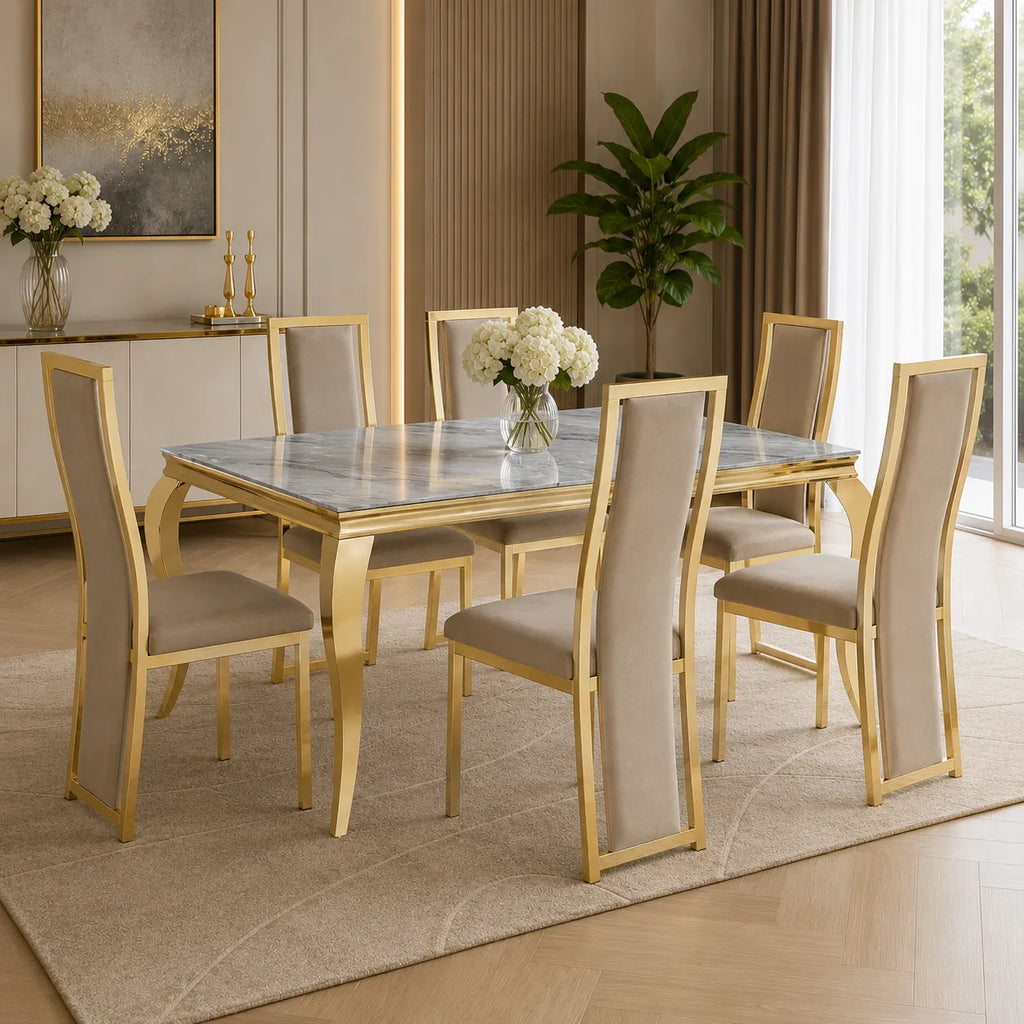 Table Repas Baroque Pieds Dore Marbre Greige