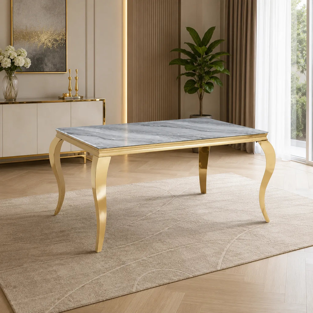 Table Repas Baroque Pieds Dore Marbre Greige