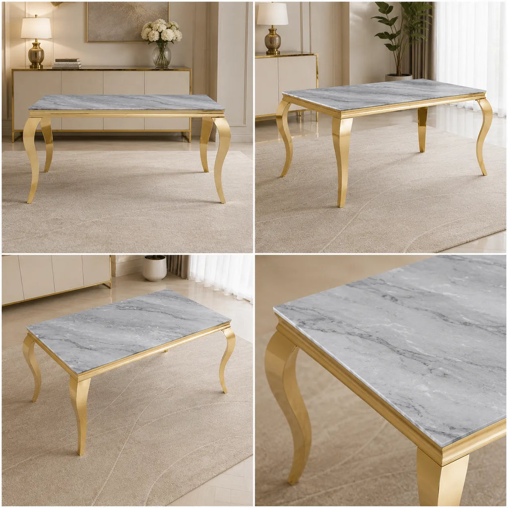 Table Repas Baroque Pieds Dore Marbre Greige