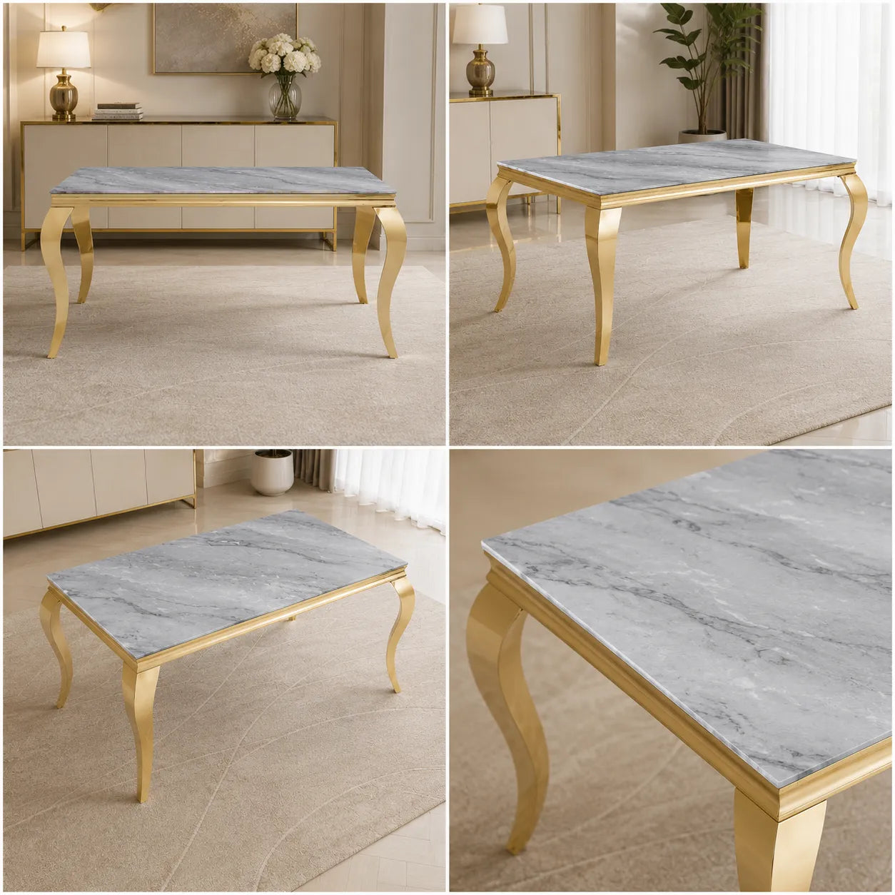 Table Repas Baroque Pieds Dore Marbre Greige