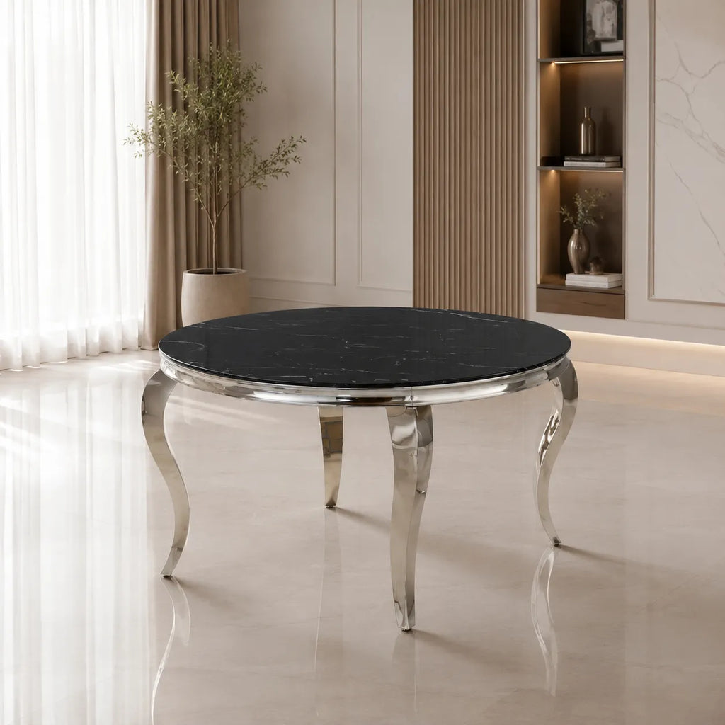 Table Repas Baroque Ronde Chrome Verre