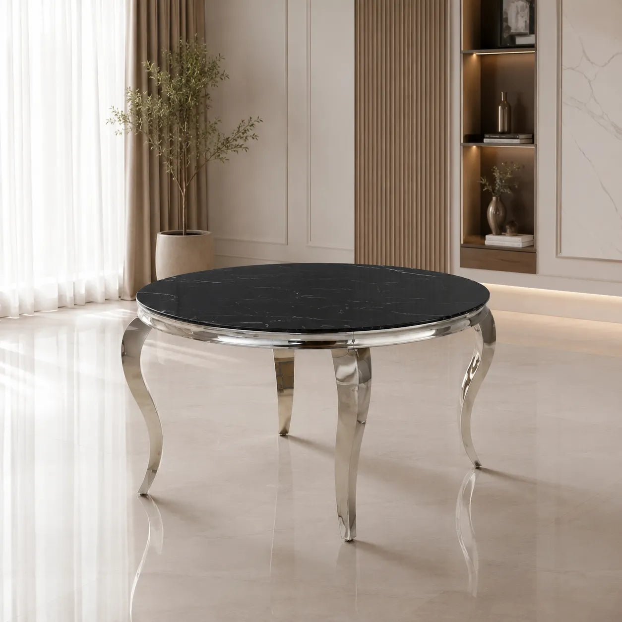 Table Repas Baroque Ronde Chrome Verre