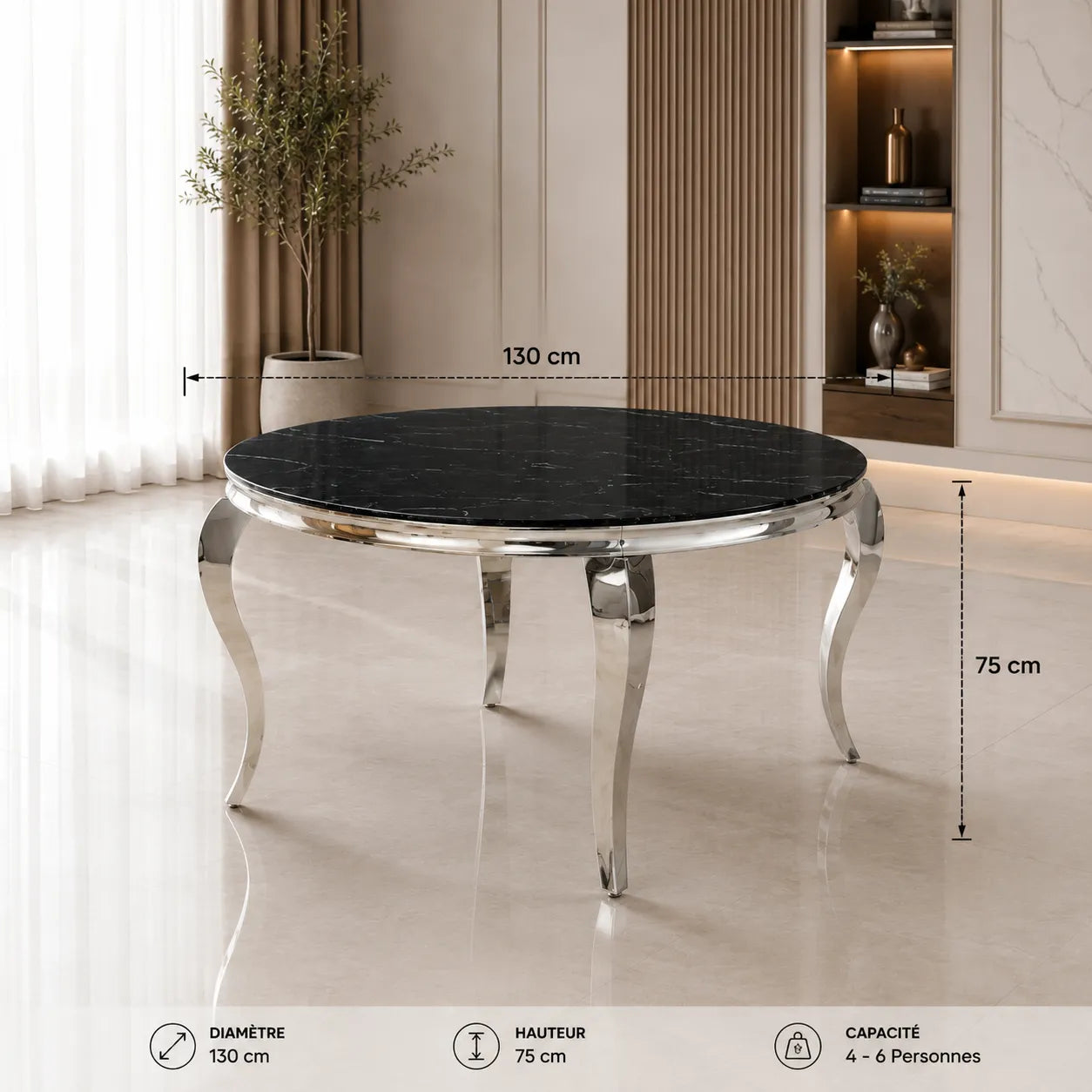 Table Repas Baroque Ronde Chrome Verre