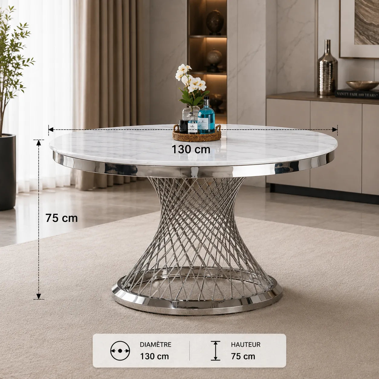 Table Repas Deluxe Chrome Marbre Blanc 130X75 CM