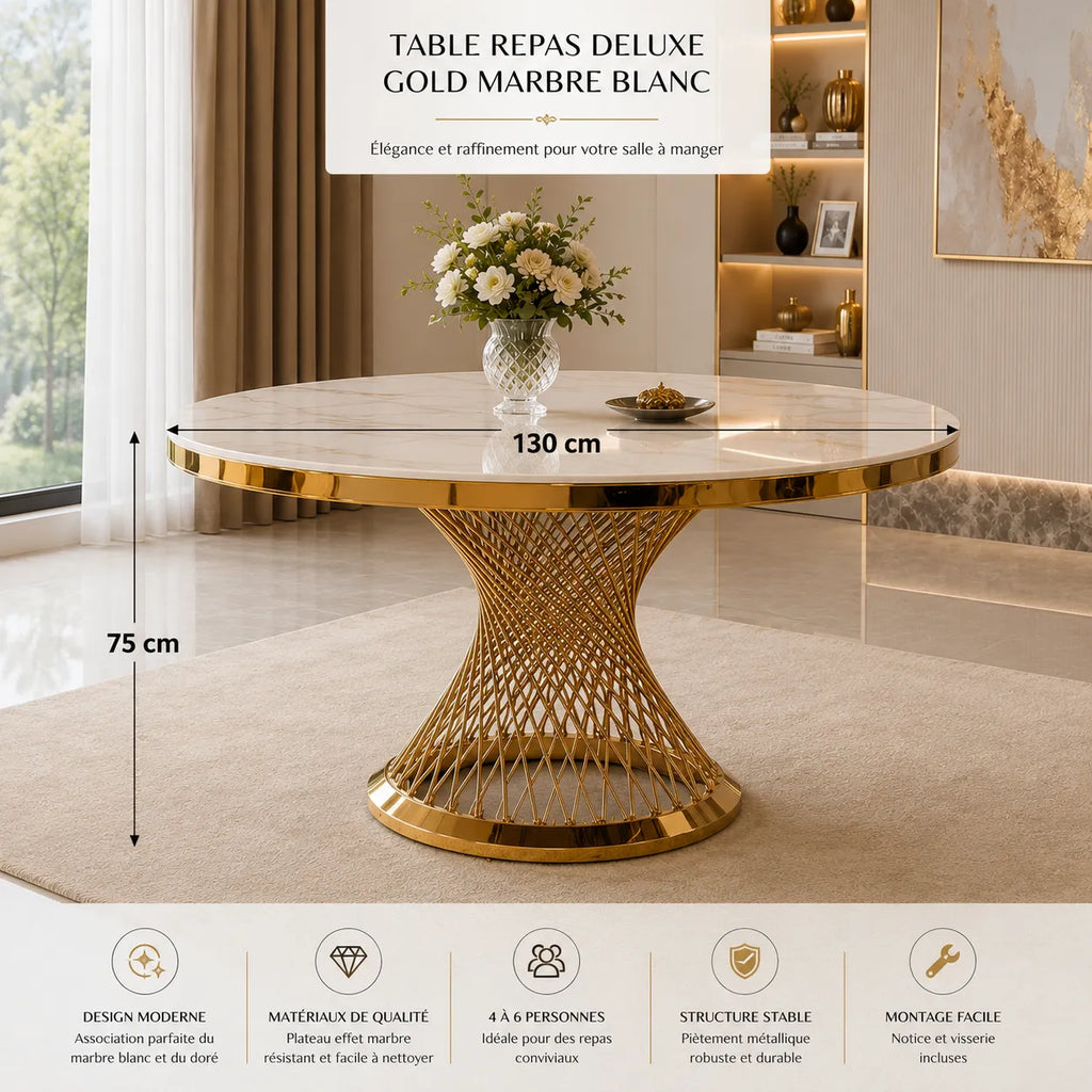 Table Repas Deluxe Gold Marbre Blanc 130X75 CM