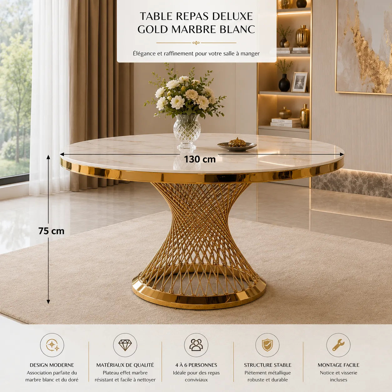 Table Repas Deluxe Gold Marbre Blanc 130X75 CM