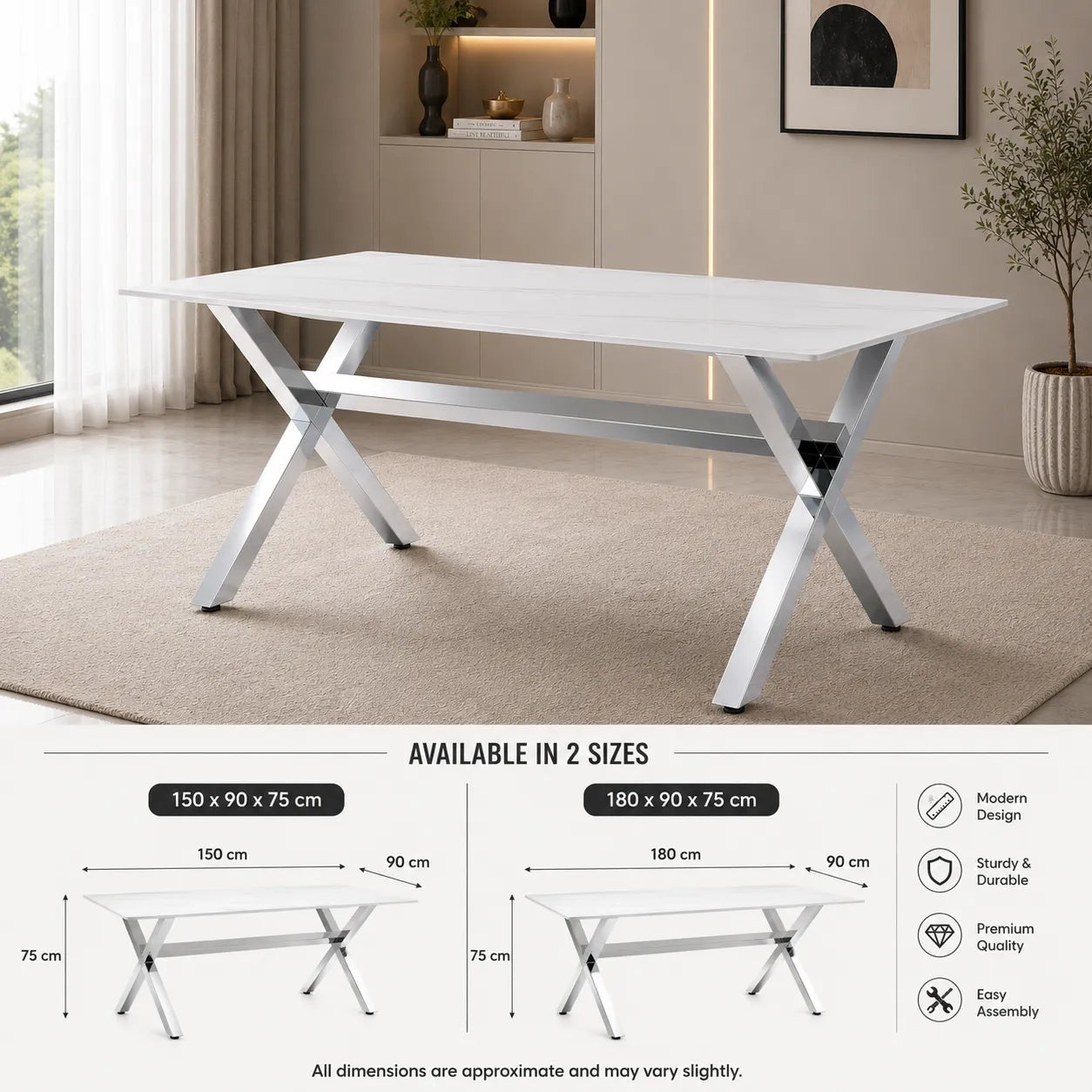 Table Repas IXE Metal Chrome Marbre Blanc