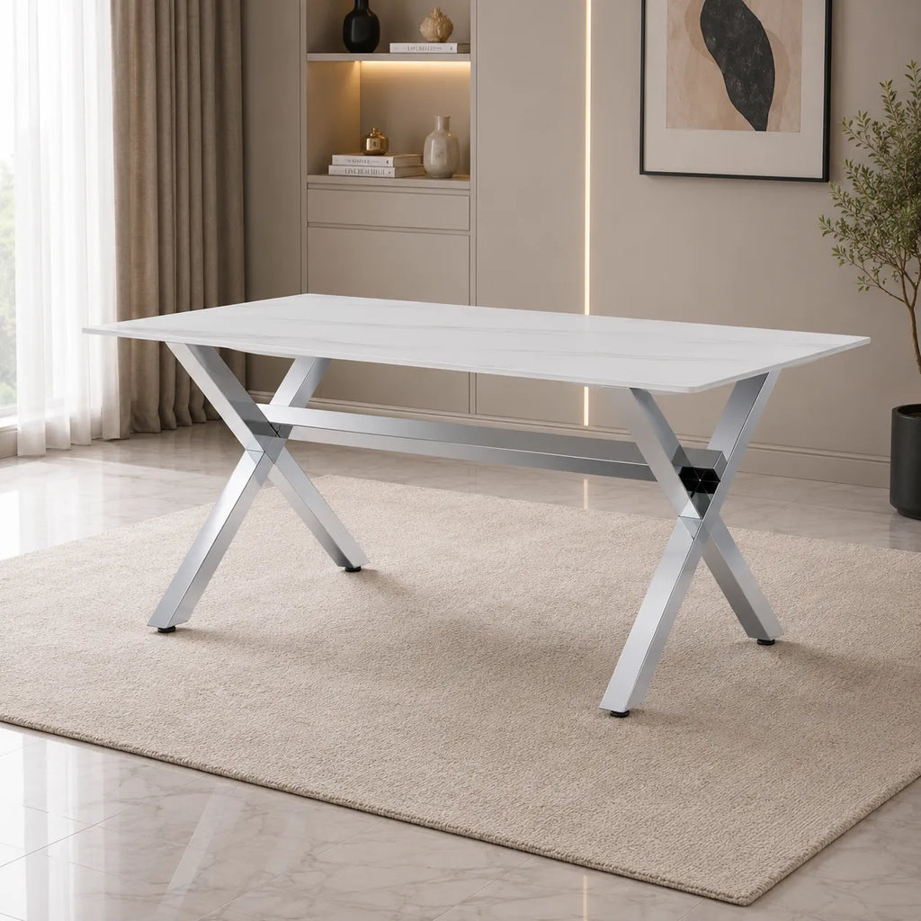 Table Repas IXE Metal Chrome Marbre Blanc