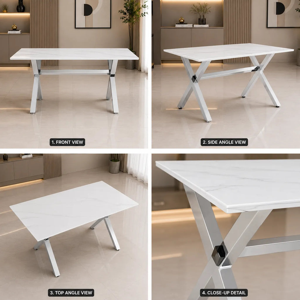 Table Repas IXE Metal Chrome Marbre Blanc