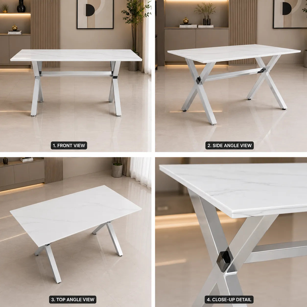 Table Repas IXE Metal Chrome Marbre Blanc