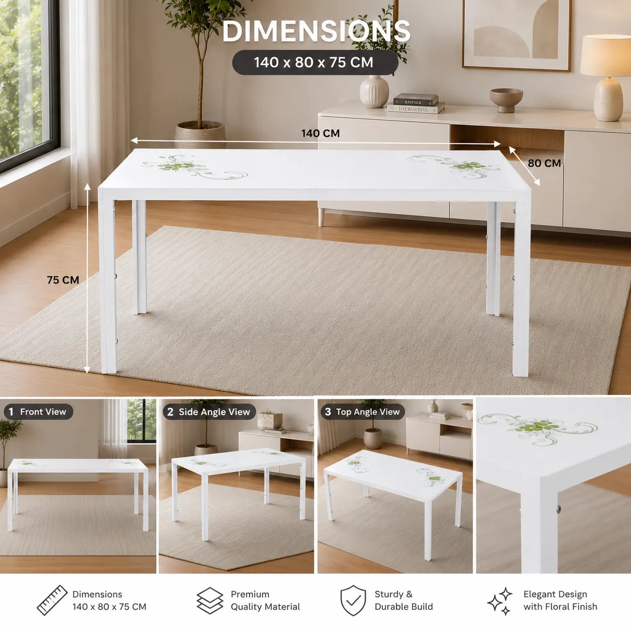 Table Repas Jamie Blanc Fleuri 140x80x75 CM